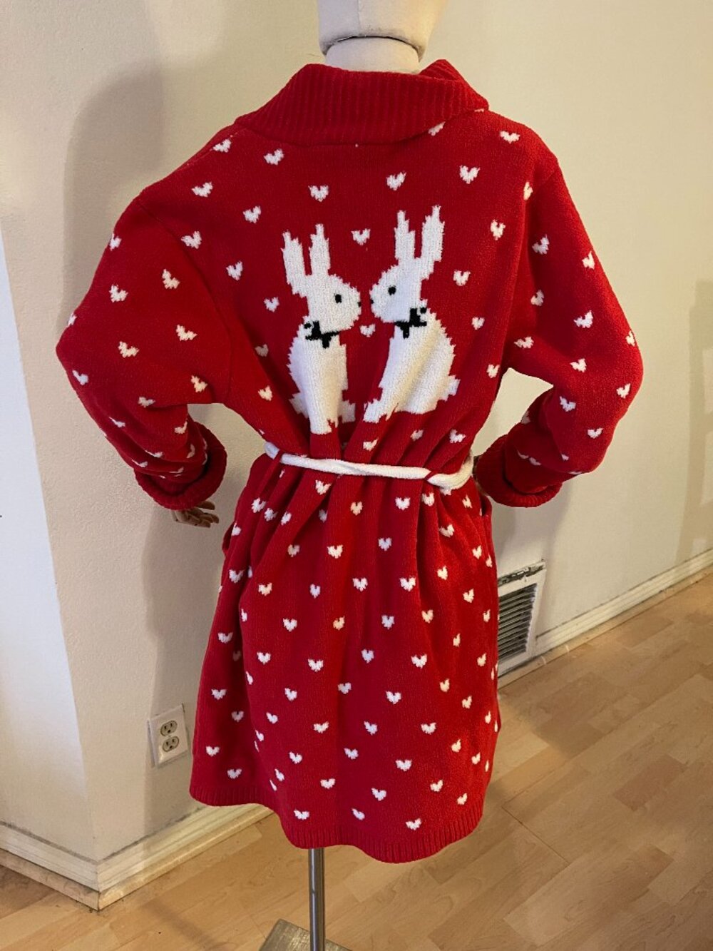 Betsey Johnson Med bunny red sweater robe pom pom ties pockets cozy cabin ski